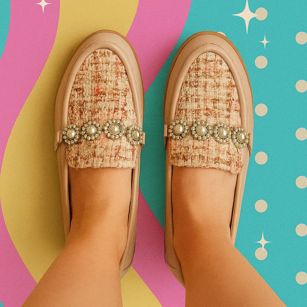 Cooper Key Faux Pearl Embellished Tweed Pink Cream Shoes